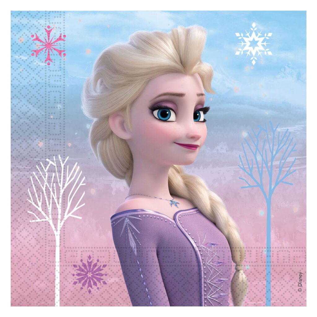 Elsa uit Frozen met blonde vlecht en paarse jurk tegen winterse achtergrond Papieren Servetten FSC Frozen 2 Wind Spirit