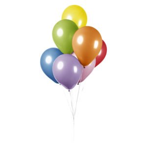 bos gekleurde feestballonnen met lintjes zwevend op witte achtergrond