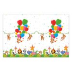 Vrolijke jungle dieren met feesthoedjes en kleurrijke ballonnen slinger decoratie Tafelkleed Jungle Ballonnen