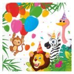 Vrolijke jungle dieren met feesthoedjes en kleurrijke ballonnen op kinderfeestje illustratie Papieren Servetten FSC Jungle Ballonnen
