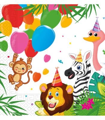 Vrolijke jungle dieren met feesthoedjes en kleurrijke ballonnen op kinderfeestje illustratie Papieren Servetten FSC Jungle Ballonnen