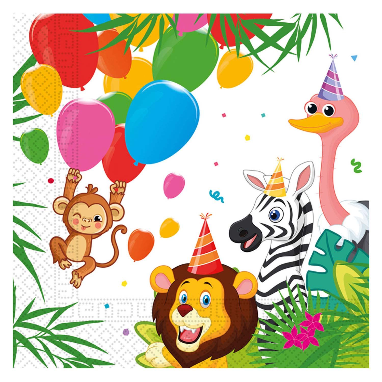 globos-jungle-dieren-feest-balloons-kinderfeest-illustratie Vrolijke jungle dieren met feesthoedjes en kleurrijke ballonnen op kinderfeestje illustratie Papieren Servetten FSC Jungle Ballonnen
