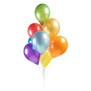 Kleurrijke helium ballonnen bos met linten op witte achtergrond