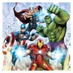 Marvel Avengers superhelden Hulk Iron Man Captain America en Thor in actie illustratie Papieren Servetten FSC Avengers Infinity Stones