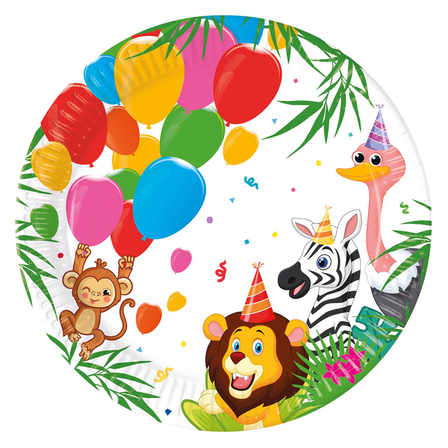 globos-safari-dieren-feest-bord-ballonnen-jungle-thema Vrolijk safari dieren feest bord met ballonnen en jungle thema Papieren Bordjes FSC Jungle Ballonnen