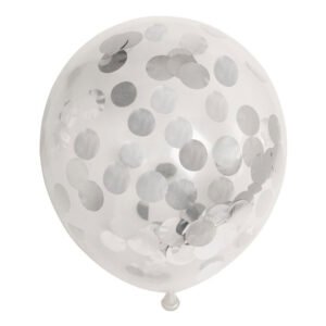 Close-up transparante ballon gevuld met metallic zilveren confetti