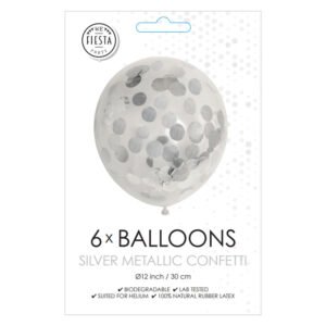 Verpakking met 6 transparante ballonnen met zilveren confetti van feestdecoratie merk Confettiballonnen Papieren Confetti Metallic Zilver 30cm