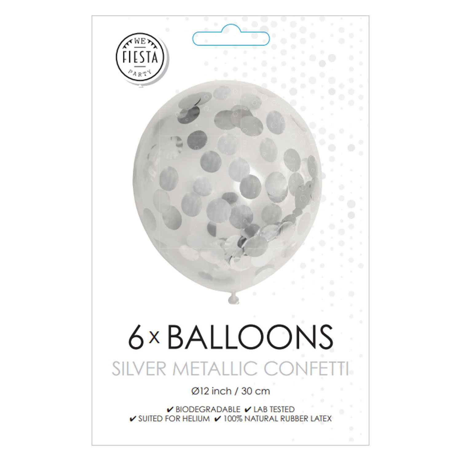 globos-verpakking-6-transparante-confetti-ballonnen-zilver Verpakking met 6 transparante ballonnen met zilveren confetti van feestdecoratie merk Confettiballonnen Papieren Confetti Metallic Zilver 30cm