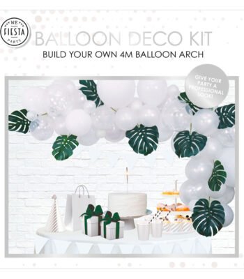 verpakking ballon deco kit voorbeeld witte ballonboog met groene bladeren Ballonnenboog Set Wit