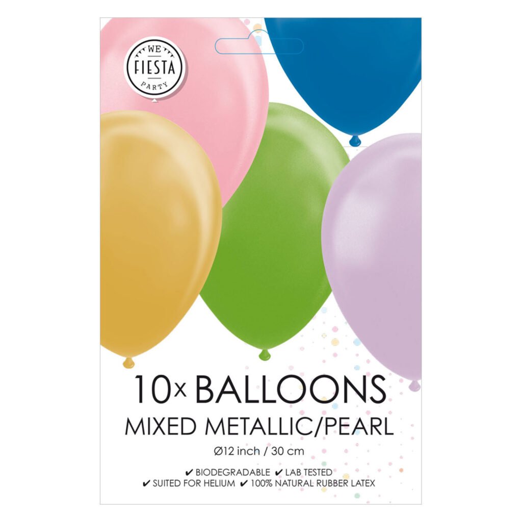 Verpakking 10x mixed metallic pearl feestballonnen close-up Ballonnen Metallic Pearl Mix Kleuren 30cm