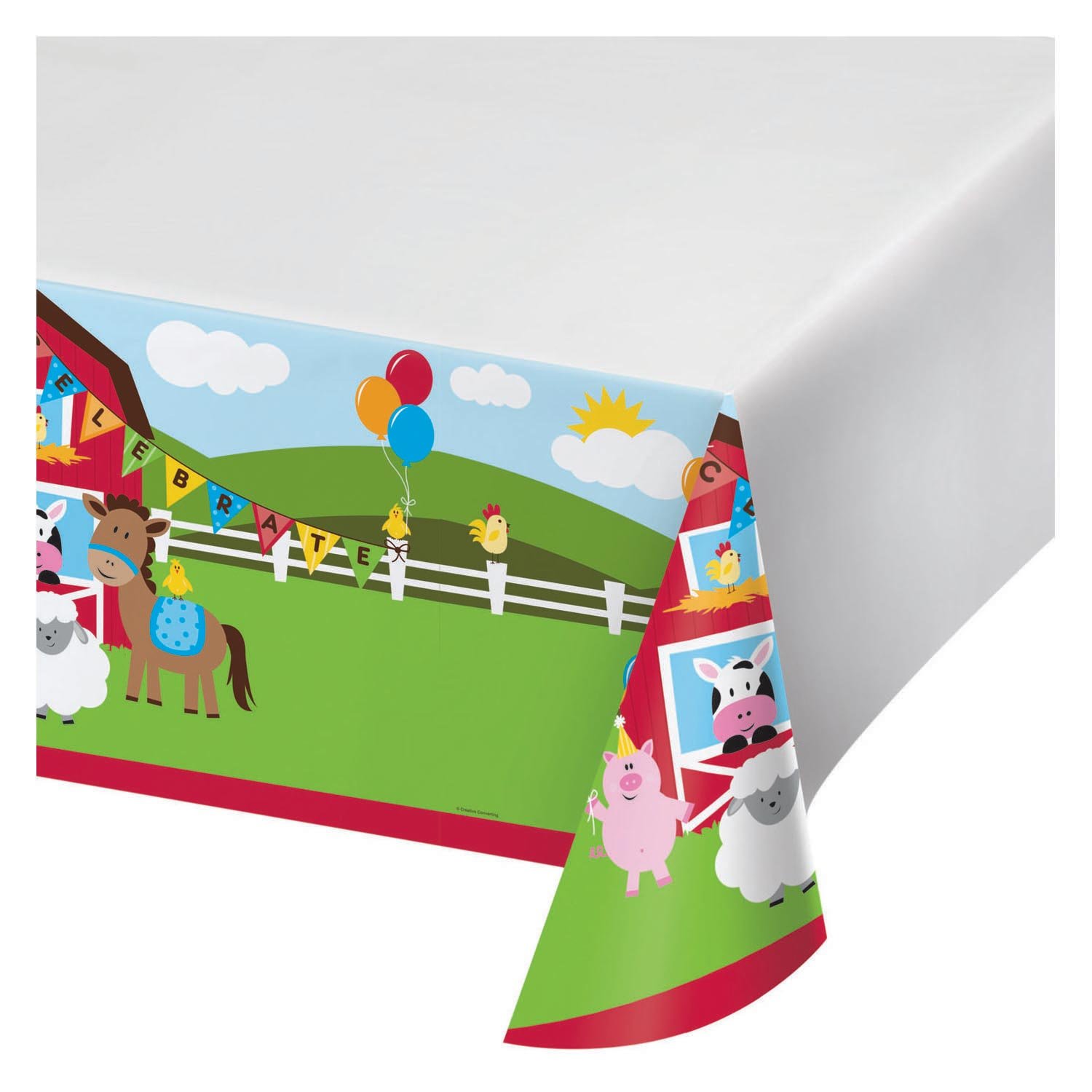 haza-witbaard-boerderijfeest-tafelkleed-cartoon-dieren-babyshower Vrolijk boerderijfeest tafelkleed met cartoon dieren, ballonnen en slinger Boerderij Tafelkleed