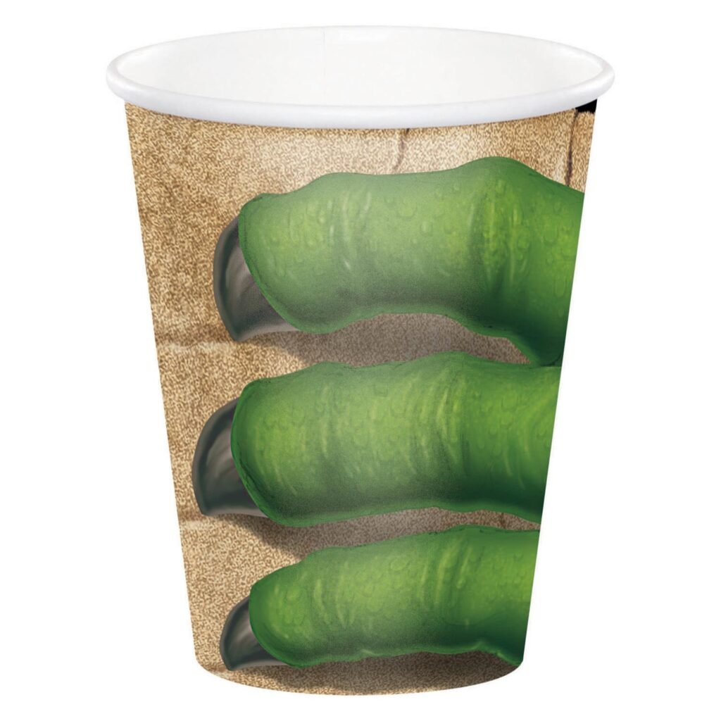 Kartonnen beker met opvallend ontwerp van groene dinosaurusklauwen Dino Bekers 8st.