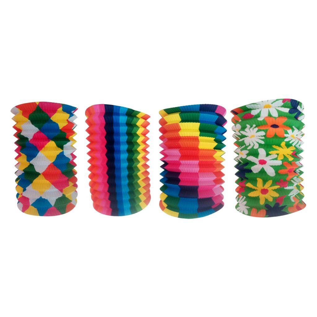 Vier kleurrijke papieren lampionnen met verschillende patronen feestdecoratie Treklampion 20cm