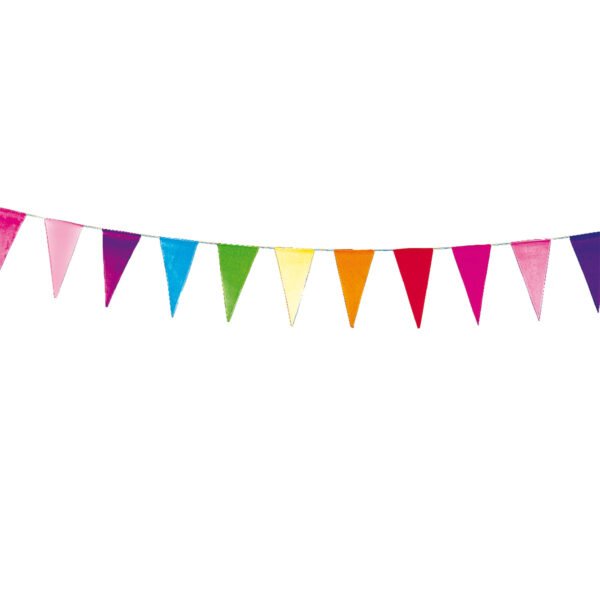 Kleurrijke driehoekige vlaggetjes slinger op witte achtergrond Vlaggenlijn Wimpel 10m