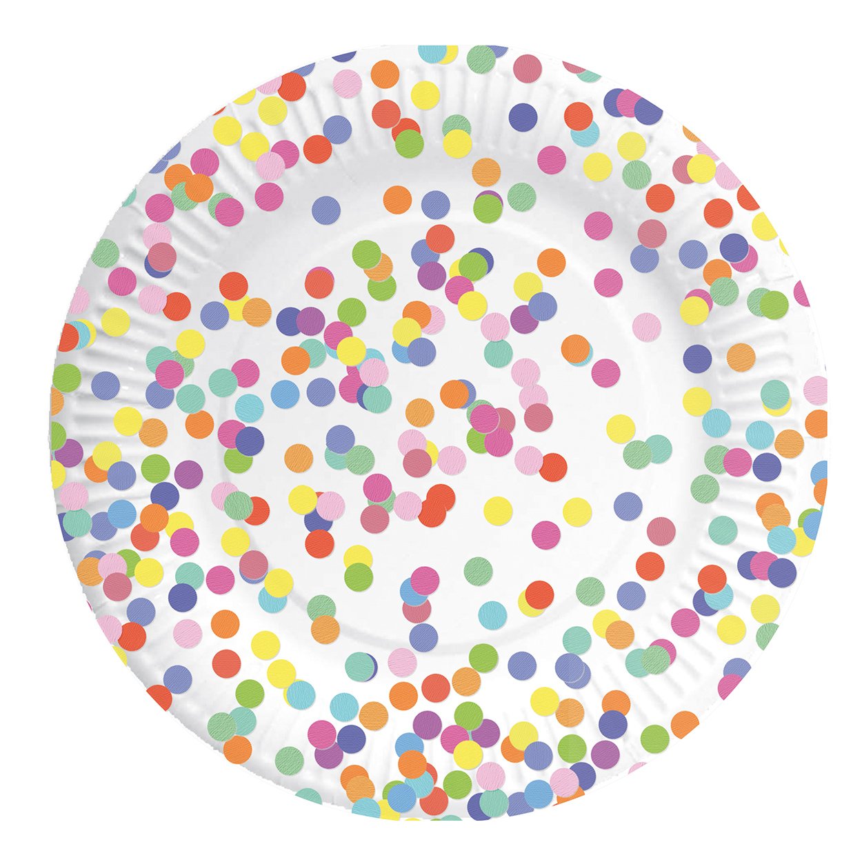 haza-witbaard-papieren-feestbord-confetti-stippen-kleurrijk Wit papieren feestbord met kleurrijke confetti stippen patroon Borden Confetti