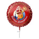 Rode ronde Sinterklaas folieballon met cadeautjes en staf en tekst Welkom Sinterklaas Folieballon Welkom Sinterklaas