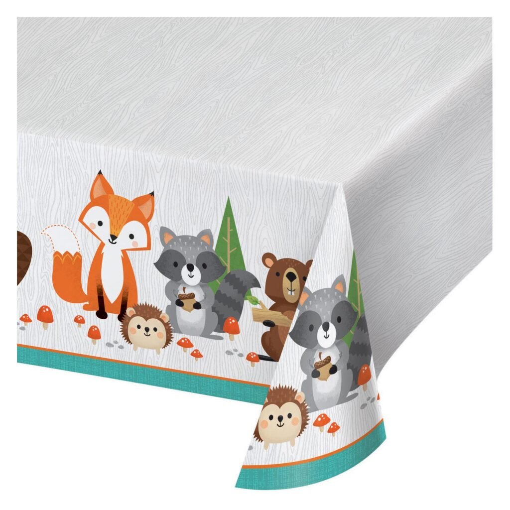 kinder tafelkleed met bosdieren vos wasbeer egel en paddenstoelen Wild ones Tafelkleed