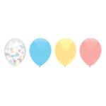 vier kleurrijke feestballonnen transparant blauw geel en roze Ballonnenmix Pastel