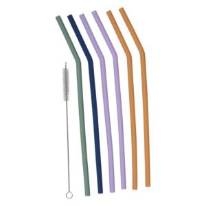 Set van herbruikbare gebogen siliconen rietjes in pastelkleuren met schoonmaakborstel rietjes & borstel 7dlg.