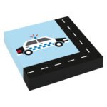 Illustratie van politieauto met zwaailicht op blauwe achtergrond naast zwarte weg Servetten Voertuigen