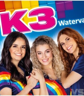 LP cover van K3 - Waterval met K3 in regenboogkleuren