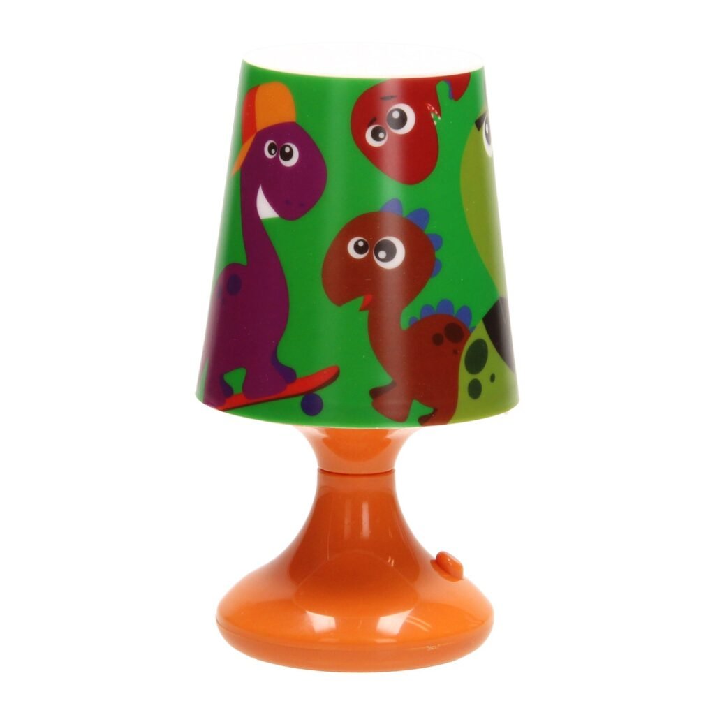 Kinder bureaulamp met kleurrijke dino illustraties en oranje lampvoet Tafellamp Dinosaurus