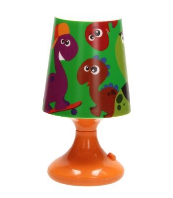 Kinder bureaulamp met kleurrijke dino illustraties en oranje lampvoet Tafellamp Dinosaurus