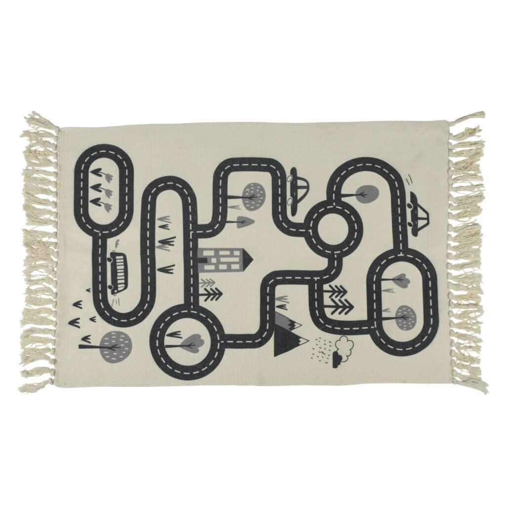 Kinder speelkleed met zwart-witte wegen en auto illustraties op beige tapijt Vloerkleed Verkeer