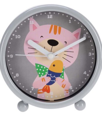 Kinderwekker met roze kat en vis illustratie op grijze achtergrond Wekker met Katje