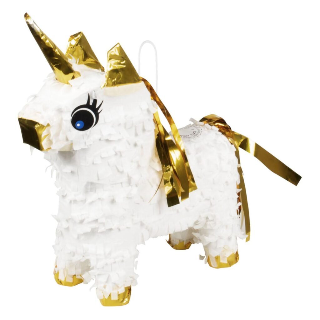 Mini Piñata Eenhoorn wit met gouden hoorn en wimpers zijkant