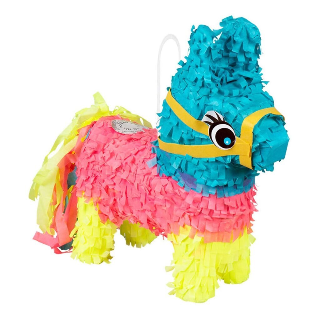 Mini Piñata Ezel zijkant met geel tuig en vrolijke kleuren blauw roze geel