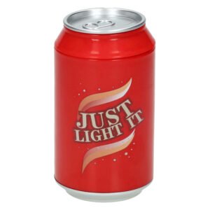 Rode tafellamp in gesloten blikdesign Just Light It logo voorkant Tafellamp Blikje Drinken