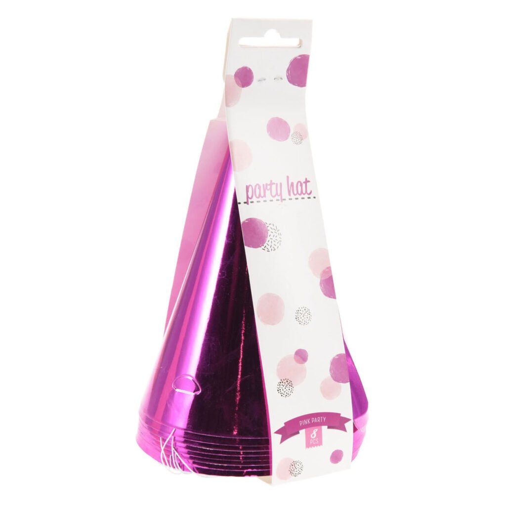 Roze metallic feesthoedjes met stippen verpakking set van 8 Hoedje Papier Roze