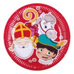 Rood Sinterklaas kinderbord met illustratie van Sinterklaas, Piet en wit paard met cadeautjes Borden Sinterklaas