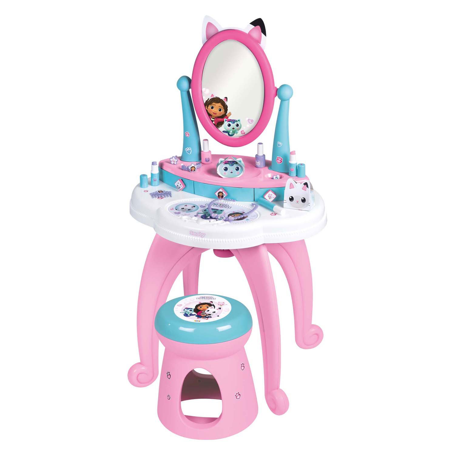 smoby-gabbys-dollhouse-speelgoed-kaptafel-met-spiegel-en-kruk Gabby's Dollhouse kaptafel speelgoedset met spiegel en kruk Smoby Gabby's Poppenhuis 2in1 Kaptafel met Kruk