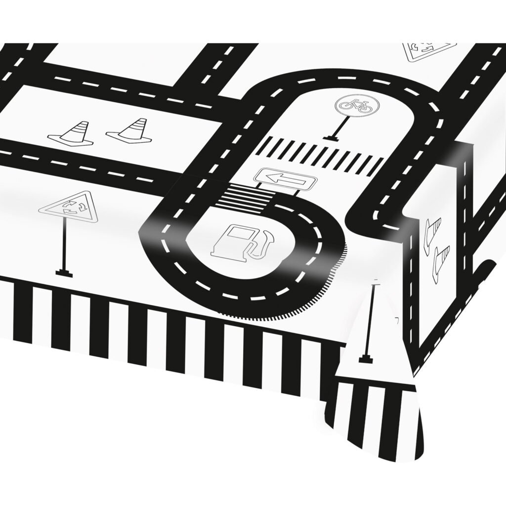 Zwart-wit speelkleed met wegen, rotonde, zebrapad en verkeersborden illustratie Tafelkleed Voertuigen