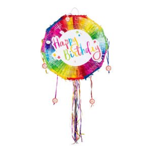 Trekpiñata Happy Birthday in regenboogkleuren met slierten