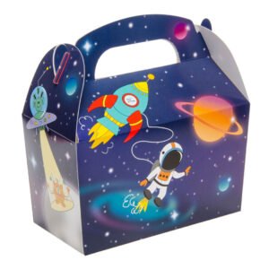 Ruimte thema uitdeelbox met raket astronaut en planeten donkerblauw