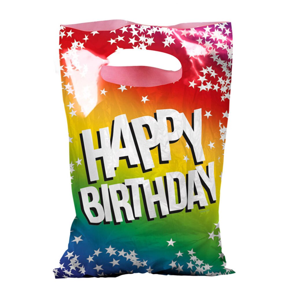 Uitdeelzakjes Happy birthday 6 stuks regenboog kleuren met witte sterren voorkant
