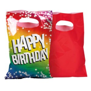 Regenboog happy birthday uitdeelzakjes met sterren en rood zakje achterkant