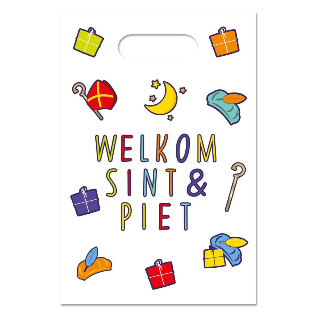 Uitdeelzakjes Welkom Sint & Piet 8 stuks van Haza Witbaard met Sinterklaas print