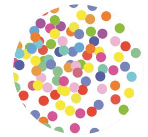 kleurrijke confetti stippen op ronde achtergrond uitnodiging