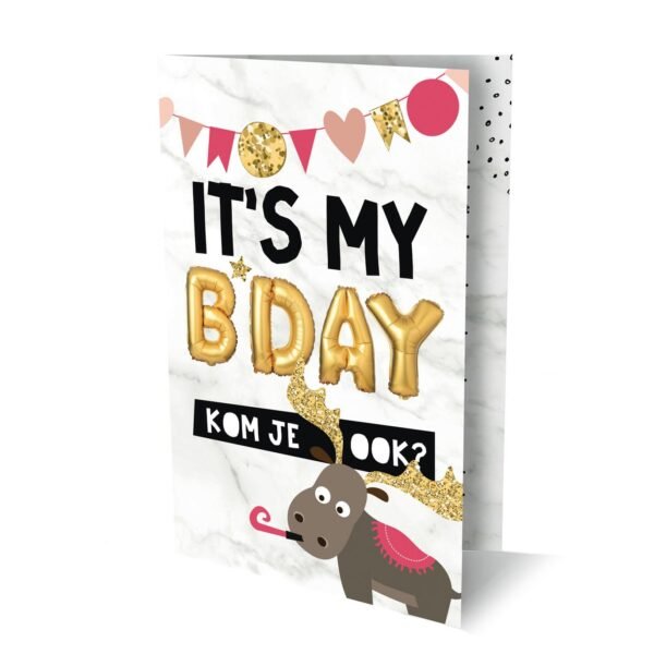 Uitnodigingen B-day 6st. kaart voor kinderfeestjes met tekst, slinger en eland