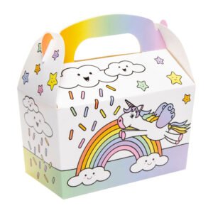 Unicorn uitdeelbox in elkaar met handvat regenboog en wolkjes