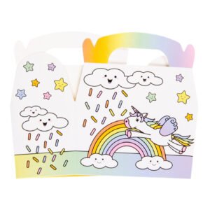 Unicorn uitdeelbox plat met regenboog wolken en sterren pastel