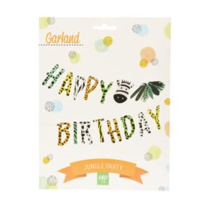 verpakking jungle party happy birthday slinger met kleurrijke confetti