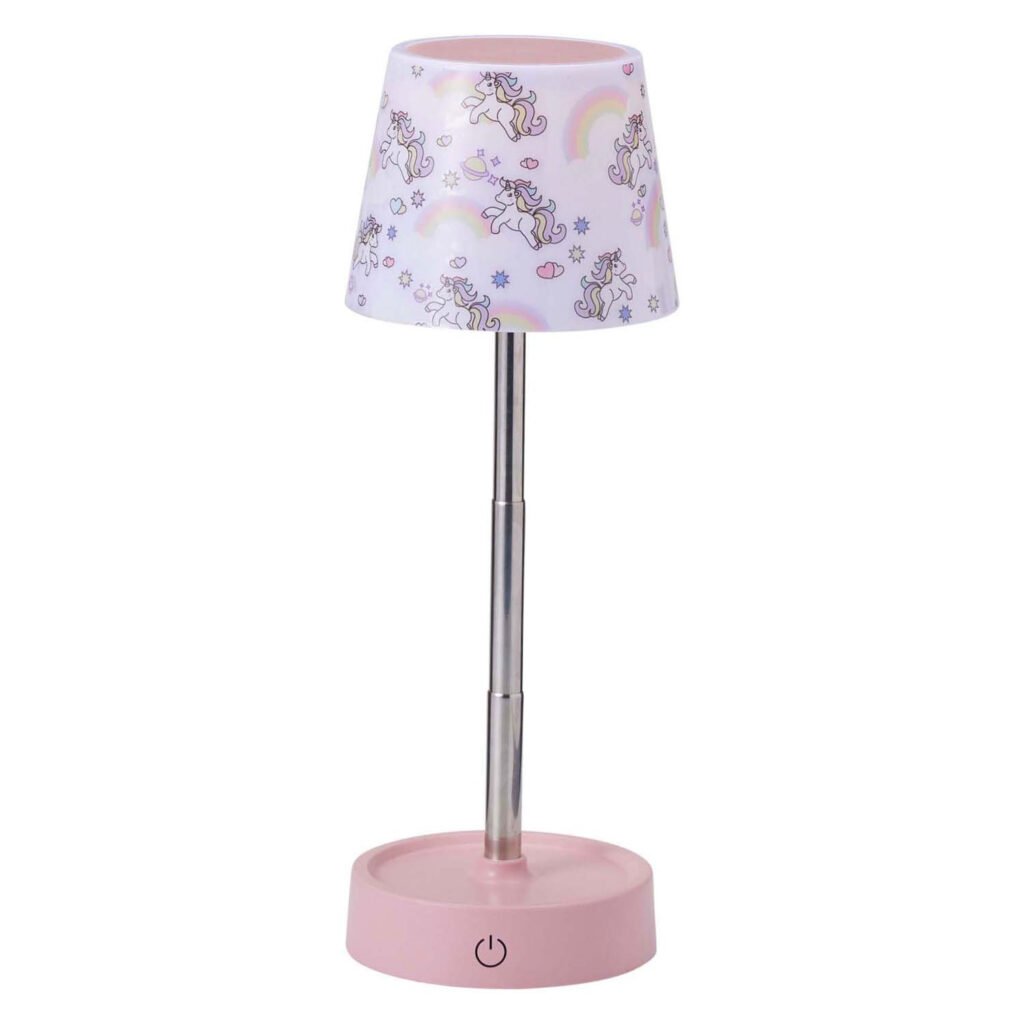 Roze verstelbare kinderlamp met eenhoorn lampenkap op witte achtergrond Tafellamp Uittrekbaar Eenhoorn Roze