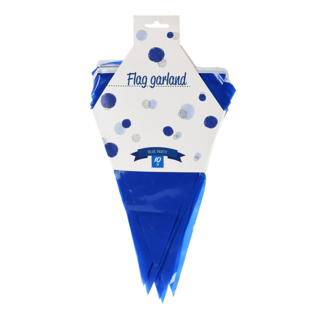 Vlaggenlijn Blauw van 10 meter met 20 vlaggen in verpakking afgebeeld
