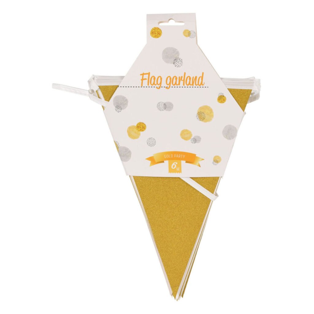 Vlaggenlijn Goud feestversiering van 6 meter in verpakking afgebeeld