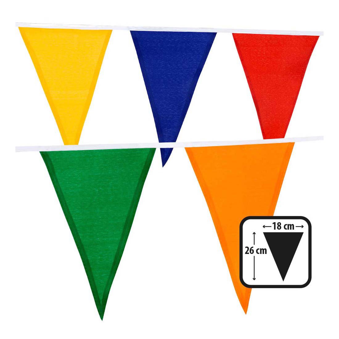 vlaggenlijn-multicolor-feestvlaggetjes-stof Polyester kleurrijke vlaggenlijn 10m met gele blauwe rode groene en oranje vlaggen